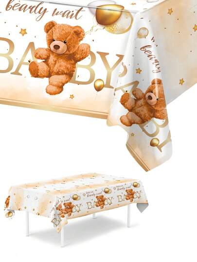 1pc Brown Bear Theme Baby Shower Party Tablecloth, Cute Brown Bear Pattern Gender Reveal Party Tablecloth, Newborn Party PE Material Tablecloth Decor, We Can't Wait To Welcome Baby (Boy/Girl) Party Decor Tablecloth, Baby Shower Party Gift, 1st Birthday Party Tablecloth, Gender Reveal Party Decor, Baby Shower Party Decoration