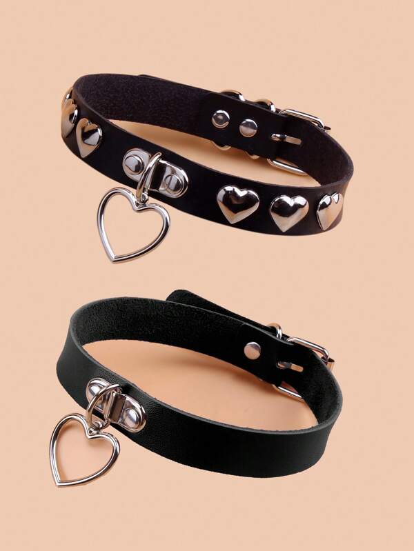 2pcs Punk Heart Shaped Pendant Choker, Sexy Cute PU Leather Choker Necklace For Party, Goth Style Suitable For Daily Wear