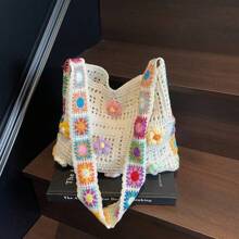 Bohemian Style Large Capacity Tote Bag, Fashion Floral Crochet Handbag, Multicolor Hollow Out Knitted Shoulder Bag, Openwork Floral Crossbody Bag For Women, Suitable For Summer Beach Vacation, Ladies Daily Shopping Bag, Gift For Her