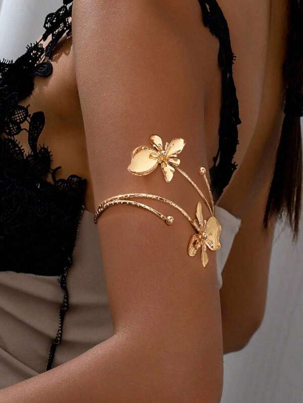 1 Pc Fashionable Bohemian Style Elegant Floral Armband, Minimalist Adjustable Open Cuff Bracelet, Suitable For Women To Wear Daily, Party, Banquet