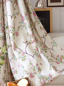 1pc Magpie Flower Printed Blackout Curtain, Chinese Countryside Style 100% Polyester, Suitable For Living Room, Bedroom