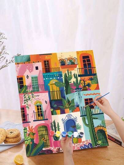 1 Set Cactus Town DIY Digital Oil Painting Kit, Artistic Oil Painting Set For Bedroom Decor And Art Wall Decoration, Simple And Fun Painting Method, No Painting Foundation Needed, Fulfill Your Painter Dream, Immerse Yourself In The Colorful World, Each Stroke Is Self-Expression, Add Romanticism To Life, Best Gift For Family And Friends, 40*50CM