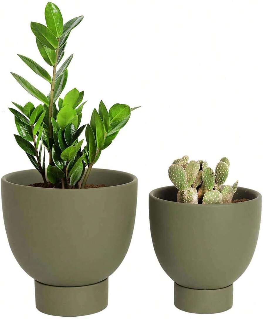 Green Terracotta Self Watering Plant Pot - 2 PCS 6 Inch & 8 Inch Terra Cotta Plant Pot With Drainage Hole And Saucer, Small & Large Clay Flower Pot With Tray, Plant Pot For Indoor Outdoor - 薄荷綠 - 查看 1