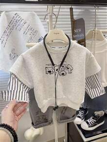 Boys Cartoon Puppy Striped 2 In 1 Long Sleeve Sweatshirt, Fashionable And Versatile, Spring/Autumn - Grey - View 2