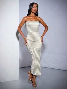 Vestiso mujer strapless largo maxi  rayas  color combinado   casual  dulce  sencillo   canalé  rib  abertura trasera caminar playa  noche de fiesta  vacaciones oficina  casa  diario  fiesta de cumpleaños  jardín  calle  concierto de música country  verano - Gris Claro - Ver 3