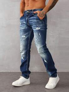 Pantalones vaqueros rectos azules con rotos y efecto desgastado, diseño moderno, tejido suave y elástico, casuales y versátiles