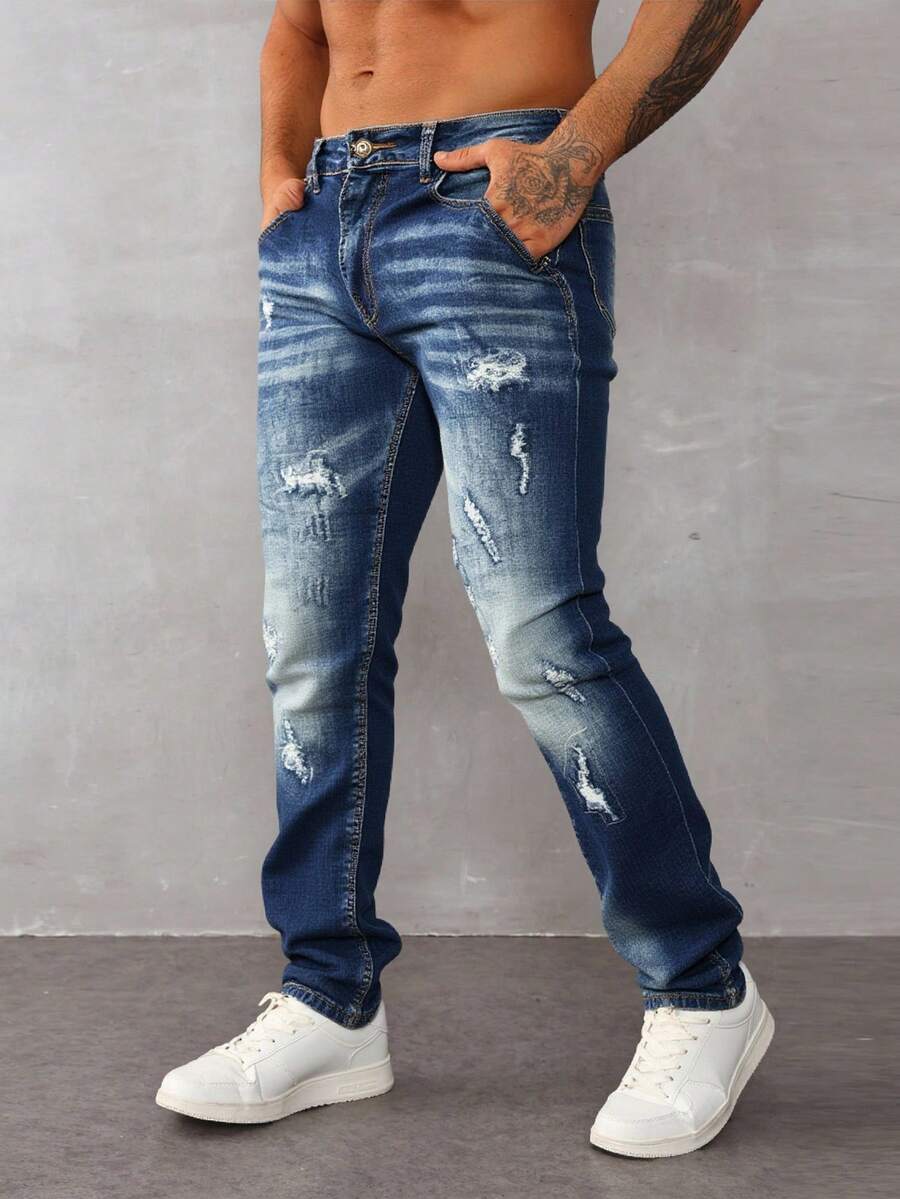 Pantalones vaqueros rectos azules con rotos y efecto desgastado, diseño moderno, tejido suave y elástico, casuales y versátiles