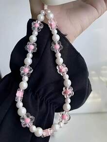 Phụ kiện điện thoại di động đính hoa và ngọc trai đơn giản đáng yêu màu hồng nhạt - Hồng - Xem 5