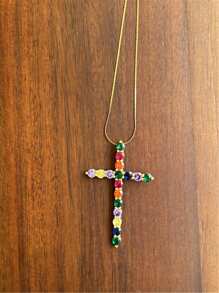 Hiphop bunter Strass Kreuz glänzender großer Anhänger Edelstahl Halskette Charm funkelnde elegante dünne Ketten Halsketten als Modeschmuck Geschenke für Frauen