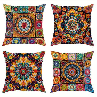 4 fundas de almohada de terciopelo melocotón con estilo bohemio, con patrón moderno en amarillo y naranja, funda de almohada decorativa suave, impresión a una sola cara, de poliéster, lavable a máquina, con cierre de cremallera, adecuada para la sala de estar, dormitorio, sofá, decoración de la cama