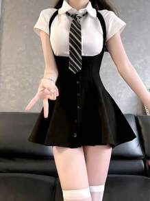 1pc Sweet Academic Style High Waist Single-Breasted Suspender Skirt + Short Sleeve Top Set, Cosplay Outfit, Couple Interaction, Photo Studio Shooting, Suitable For All Holidays, Valentine's Day Gift, Everyday & Holiday Wear Halloween