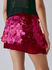 Sequin Mini Skirt For Women Summer Fashionable Versatile Solid Color Mesh Short Skirts - Hot Pink - View 2