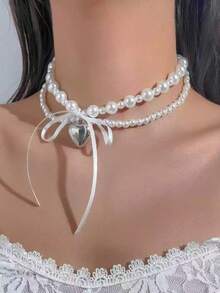 1 chiếc vòng cổ nữ kiểu Pháp, mặt dây chuyền hình trái tim và nơ hai lớp đính ngọc trai, vòng cổ choker thời trang thanh lịch. - Dây chuyền hai lớp - Xem 1