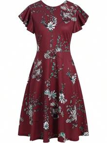 Women's Semi-Formal Ruffle Sleeve V-Back Work Fit And Flare Cocktail Knee Length Dress With Pockets, 2025 Style - 勃根地花卉 - View 3