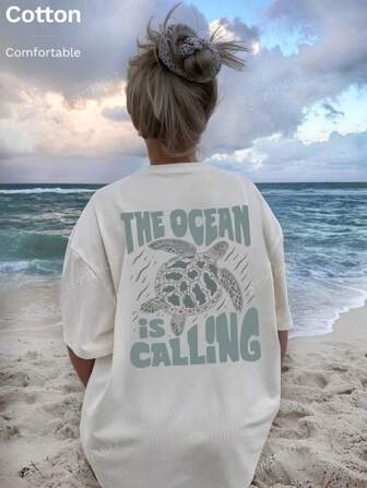 Ocean Turtle Alphabet, Damen-T-Shirt aus Baumwolle, locker lässig und vielseitig, College-Stil, weich und atmungsaktiv, Design mit extremem Farbkontrast, Y2K