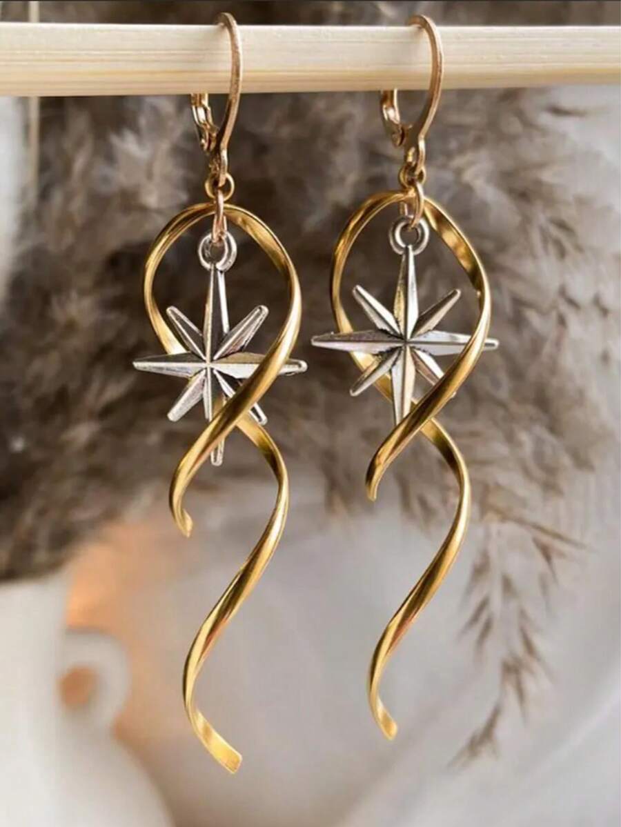 2pcs Elegant Boho Cosmic North Star Spiral Hoop Earrings, Gold Tone, Suitable For Women's Daily Wear, Dating, Holiday, Party, Festival Gifts, Jewelry Gifts - Gold - View 1