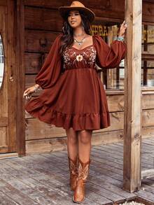 Đầm ngắn tay dài thêu họa tiết phong cách Bohemian cổ điển dành cho nữ, kiểu dáng thanh lịch mùa xuân. - màu nâu - Xem 4
