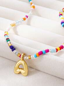 1pc Multicolor Glass Beads Letter Pendant Necklace, Bronze Tone - Multicolor - View 6