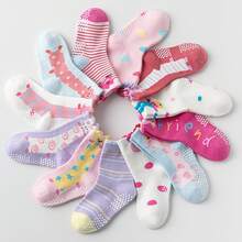 12 Pairs Baby Girls Grips Socks Kids Toddlers Infants Anti Slip Non Skid Funny Cartoon Crew Breathable Cotton Kitty&Bunny Socks - 12 cặp màu hỗn hợp - Xem 1