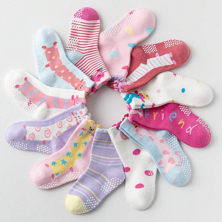 12 Pairs Baby Girls Grips Socks Kids Toddlers Infants Anti Slip Non Skid Funny Cartoon Crew Breathable Cotton Kitty&Bunny Socks - 12 cặp màu hỗn hợp - Xem 1