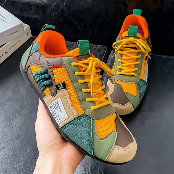 Zapatillas deportivas transpirables con diseño retro de hombre, con suela antideslizante, color verde vintage/beige en bloques, de puntera redonda con cordones, adecuadas para primavera/verano/otoño