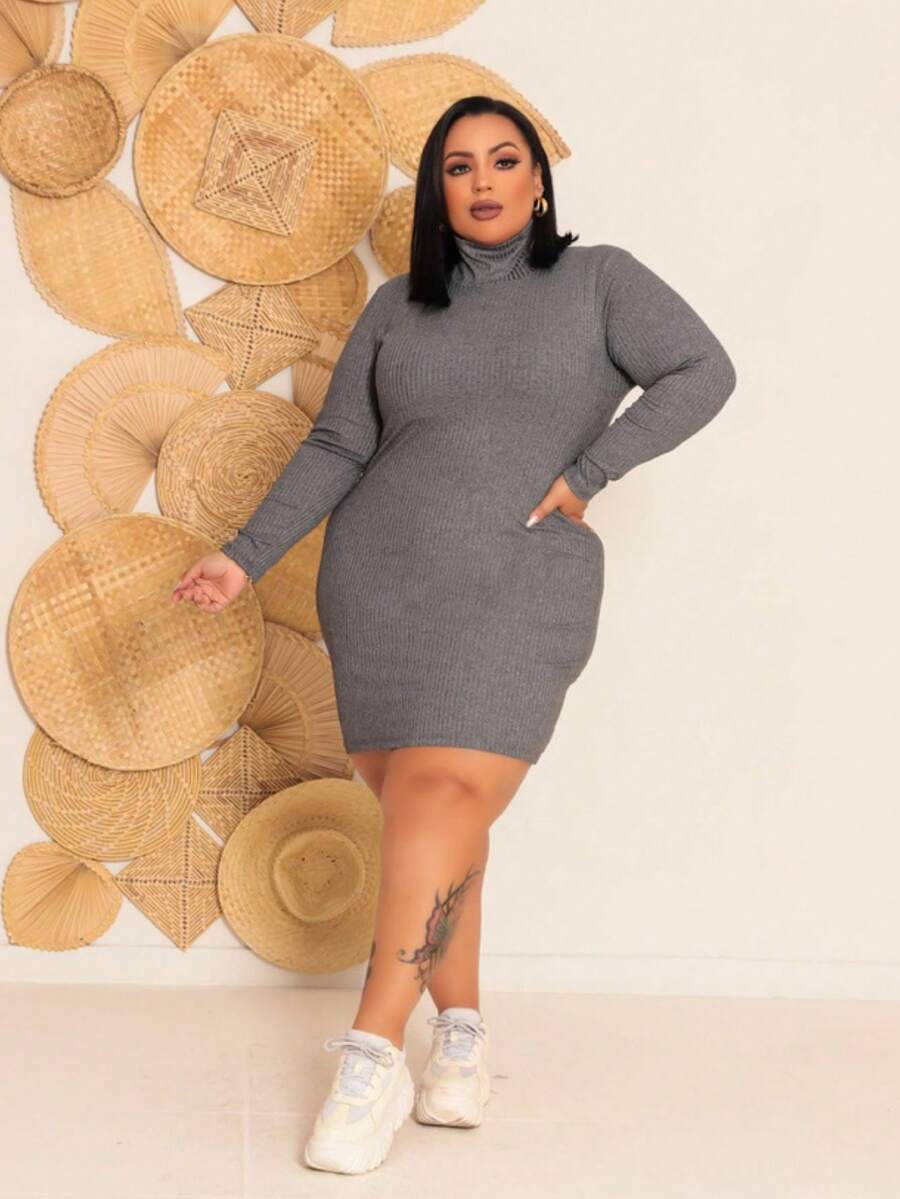 Women's Plus Size Dress Long Sleeve High Neck Elegant Premium Ribbed Fabric - Grey - View 1