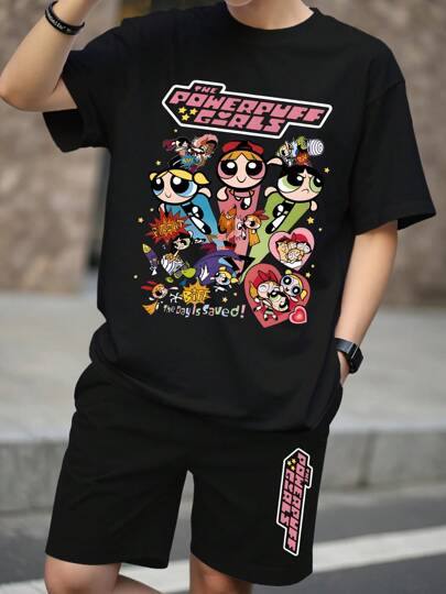 Warner Bros 2pcs Men Summer Casual Sets: The Powerpuff Girls Printed T-Shirt & Shorts, Warner Bros.