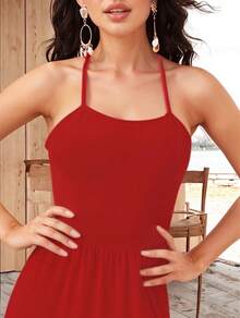 Vestido Campesino de Tirantes con Escote Cuadrado para Mujer - Rojo - Ver 3