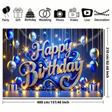 1PC, Golden Blue Glittering Birthday Happy Background Fabric - Polyester Fiber Balloon Design, Polyester Material, Suitable For Parties, Office Celebrations, Birthdays, Indoor/Outdoor Decoration, Home, Garden, Courtyard Decoration, Universal Theme