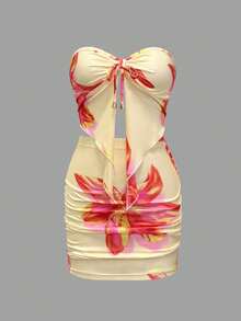 女士夏季新款露肩不对称下摆上衣和褶边下摆短裙两件套性感套装，适合度假和海滩 - 杏色 - 查看 2