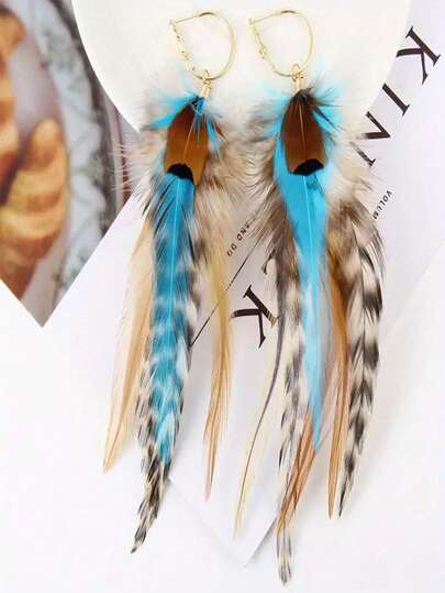One Pair Of Colorful Natural  Feather Long Earrings For Women