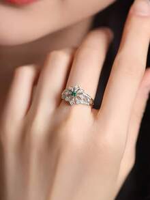 1pc Vintage Hollow Inlaid Synthetic Round Emerald Flower Ring, Suitable For Women's Daily Wear, Wedding, Party, Engagement And Anniversary Gifts - Silver - View 4