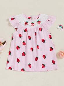 Baby Girl Smocked Dress Sleeveless Round Neck Strawberry Print Loose Dress Toddler Casual Dress - Hồng - Xem 2