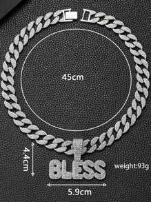 1pc Punk Rock Cuban Link Necklace For Men & Women - Shiny BLESS Pendant With Rhinestone Accents, Golden-Tone Chain, Unisex Hip Hop Jewelry Gift For Birthday, Mother's Day, Father's Day