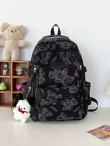 可爱小熊印花休闲背包，大容量，学生风，清新气息，带挂坠，适合学生