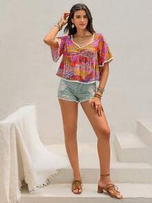 Bohemian Multicolor Subtropical Printing V-Neck Trumpet Sleeves Short Ladies' Shirts Seaside Holiday Coachella Music Festival Tropical Vacation Hawaii - 彩色 - 查看 1