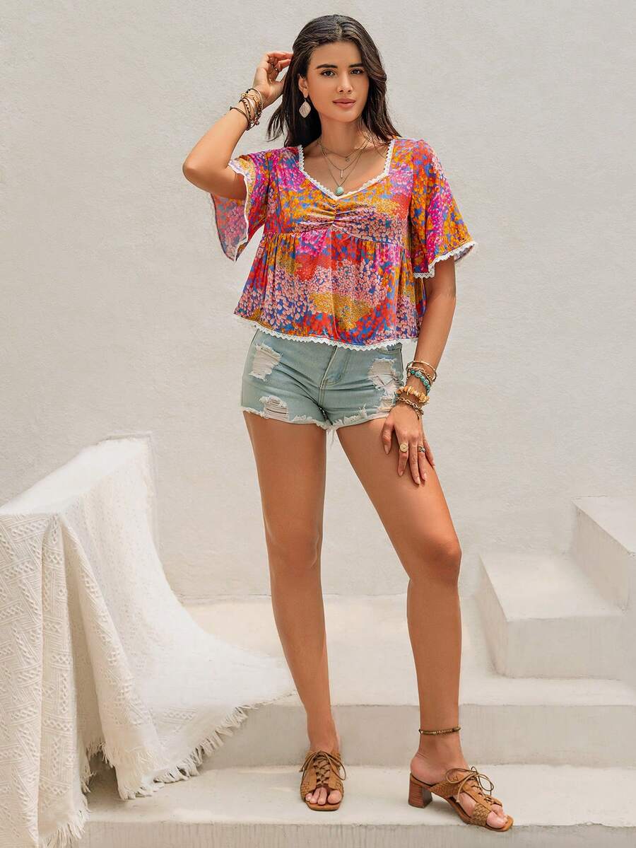 Bohemian Multicolor Subtropical Printing V-Neck Trumpet Sleeves Short Ladies' Shirts Seaside Holiday Coachella Music Festival Tropical Vacation Hawaii - 彩色 - 查看 1