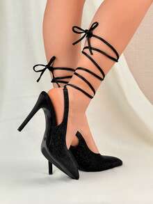 Rhinestone Lace-Up Pointed Toe Sexy High Heel Sandals For Women - Black - View 6