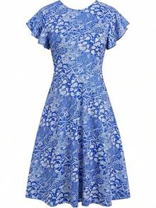 Women's Semi-Formal Ruffle Sleeve V-Back Work Fit And Flare Cocktail Knee Length Dress With Pockets, 2025 Style - 皇家花卉 - 查看 2