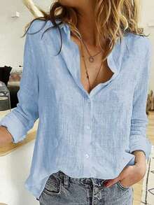 纯色纽扣装饰衬衫，优雅长袖翻领衬衫