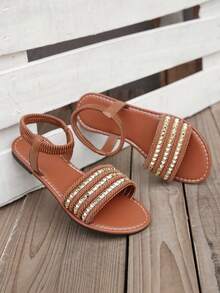 女士小众镂空编织网眼凉鞋，粗跟低跟圆头穆勒罗马闭头休闲沙滩鞋，适合户外穿着