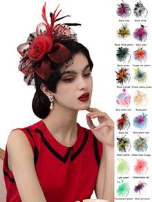 قبعة فاسينيتور قطعة واحدة مزينة بالزهور والشبكة والشرائط والريش على شريط رأس وكليب، قبعة شاي للبنات والنساء، قبعات صغيرة، قبعة ديربي صغيرة، قبعة علوية صغيرة، لوازم المدرسة