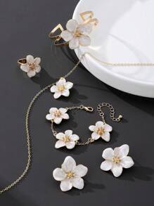 1 Set Luxury Resort Style White Flower Shaped Bracelet, Ring, Necklace, Earrings Women's Jewelry Set, Gift For Date, Couple