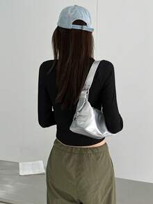 Women's Minimalist Solid Color Long Sleeve Shirt With Button Decor - Black - View 6