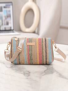 女士草编单肩斜挎包，彩色撞色编织材质，小巧尺寸，多色可选，节日必备，非常适合旅行、度假、假日和海滩，沙滩包，非常适合夏季、度假和日常使用，旅行必备品，女士夏季草编沙滩包，时尚夏季度假包，沙滩必备女士度假和假日包