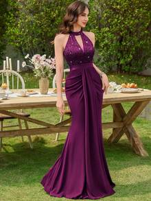 MIUSOL Sequin Floral Lace Halter Neck Draped Formal Party Bodycon Maxi Dress, Elegant Party Dress For Women, Formal Evening Gown, Prom Dress, For Wedding Guest, Graduation, Dinner - Màu Tím - Xem 5