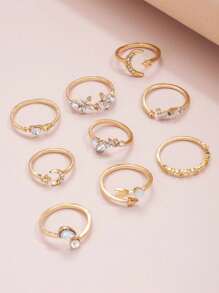 9 Peças/Conjunto Anéis Minimalistas com Coração, Estrela, Lua, Flor e Pedras de Strass, Adequados para Datas, Férias, Combinações Diárias, Presentes para Mulheres