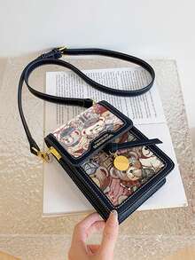 卡通熊圖案翻蓋方包可愛風格 - 藍色 - 查看 5