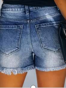 Women's Casual Personalized Street Elastic Denim Shorts - Blue - View 2