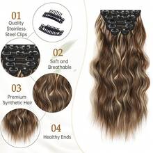 Extensiones de cabello postizas de 20 pulgadas, 4 piezas de color negro mezcla rubio, extensiones de cabello sintético suaves y largas para mujeres - Rubio miel mixto marrón chocolate - Ver 2